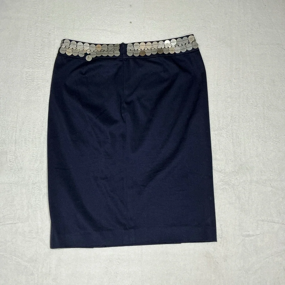 Tory‎ Burch Navy Blue Pencil Skirt Sequined Embellished Waist Slit Size 6